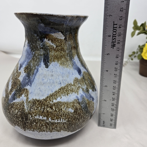 Studio Pottery Signed T. Gleason Earth Tones Blues & Browns Glazed Vase Medium - Picture 6 of 9